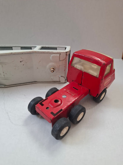 Vintage 9" Tonka Pressed Steel Car Carrier Toy Truck - Red Cab & White Trailer