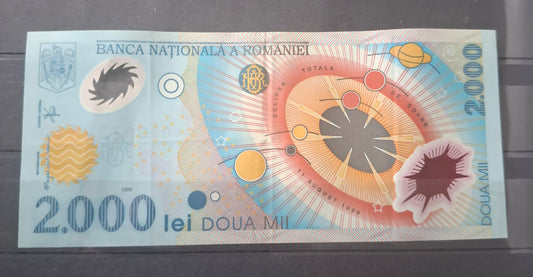 Romania 2000 Lei 1999 Polymer Banknote EF/XF Pick P-111a Solar Eclipse Commemorative