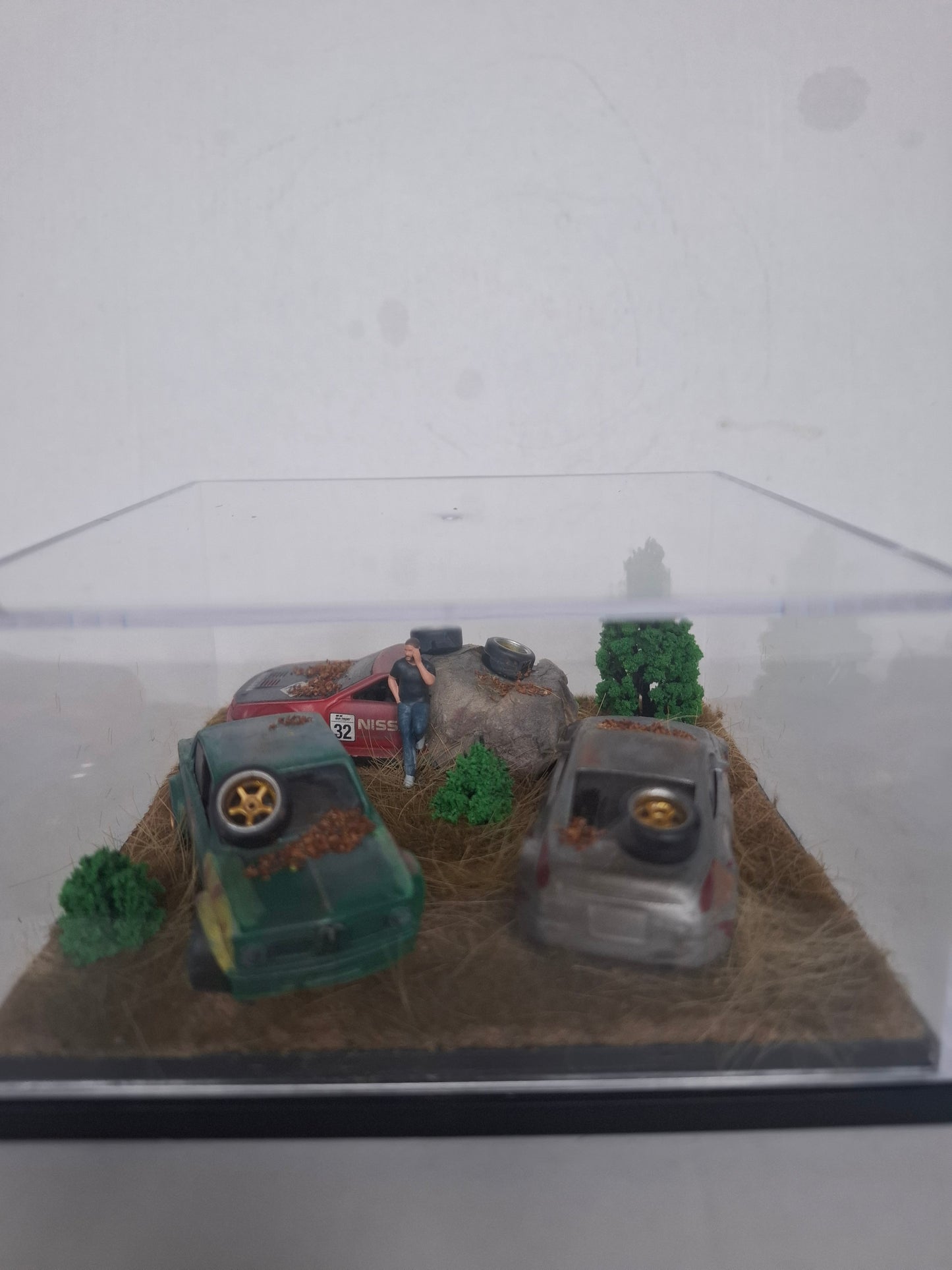 Handmade 1:64 Scale Junkyard Diorama | Weathered Nissan Diecast Car Display | Unique Miniature Collector Scene | 'Barn Find' Art