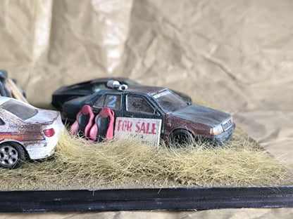 Handmade 1:43 Scale Scrap Yard Diorama – Weathered Car Display, Perfect Gift or DIY Project