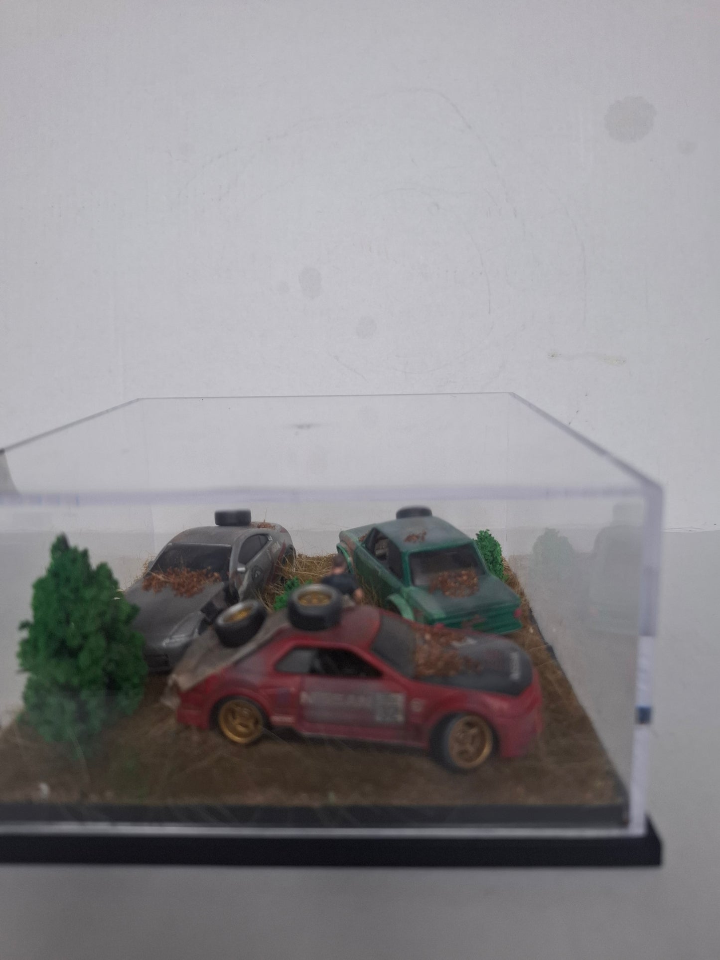 Handmade 1:64 Scale Junkyard Diorama | Weathered Nissan Diecast Car Display | Unique Miniature Collector Scene | 'Barn Find' Art